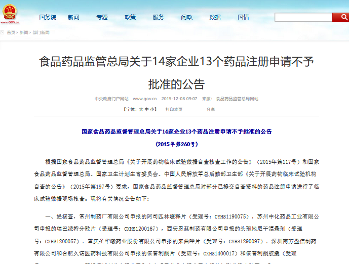 国家食品药品监督管理总局关于14家企业13个药品注册申请不予批准的公告