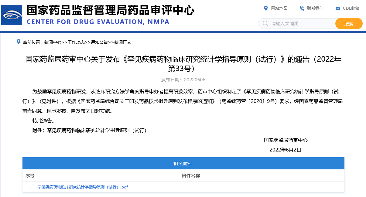 国家药监局药审中心关于发布《罕见疾病药物临床研究统计学指导原则（试行）》的通告